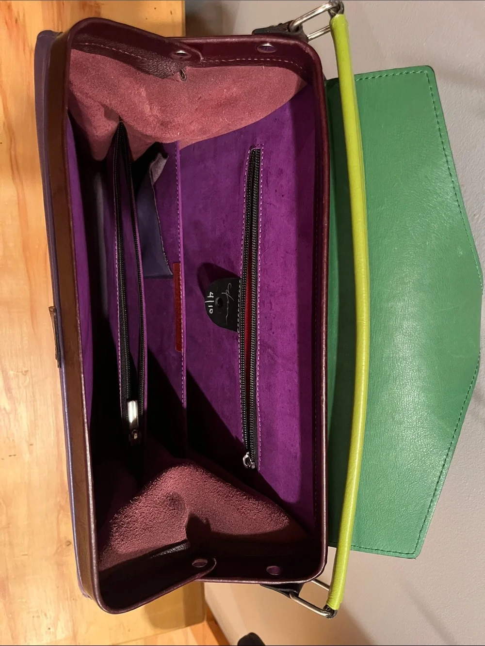 Hester Van Eeghen Purple and Green Accordion Design Handbag Purse Backpack
